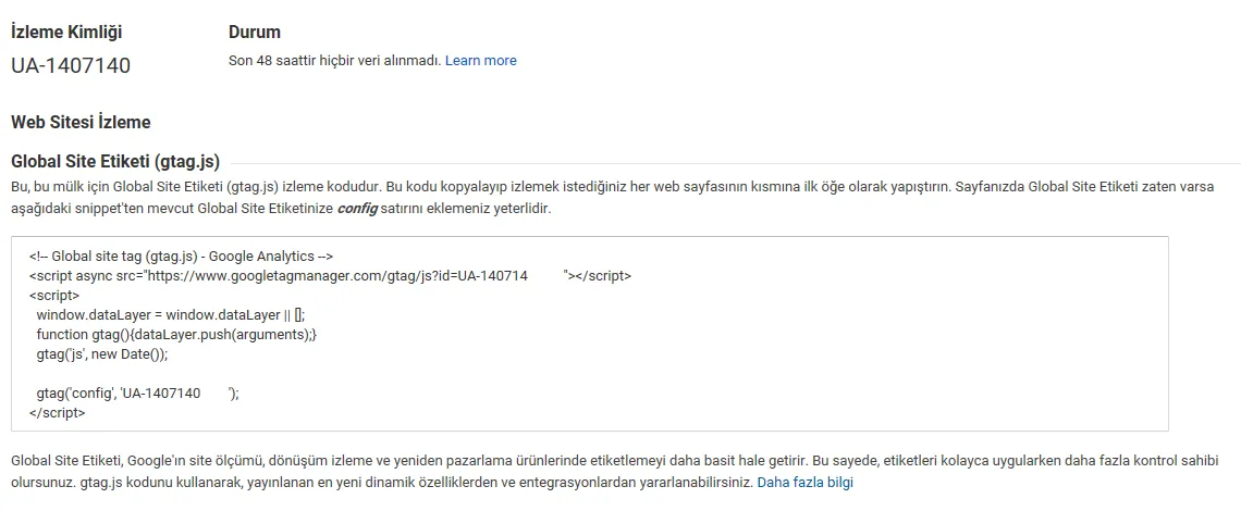 İzleme Kimliği Sayfa Kodu (javaScript)